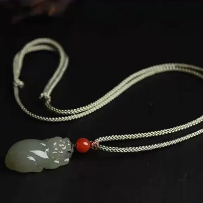 Natural Hetian Jade Pixiu Pendant Necklace | South Red Agate, Adjustable Length-LuckyCharms.Shop