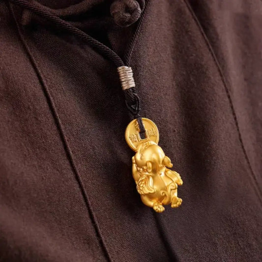 Brass Gold-Plated Pixiu & Coin Pendant Necklace | Adjustable Length, Fortune-Attracting Jewelry-LuckyCharms.Shop