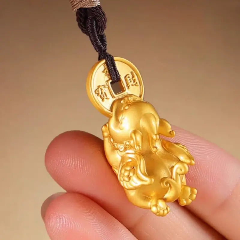 Brass Gold-Plated Pixiu & Coin Pendant Necklace | Adjustable Length, Fortune-Attracting Jewelry-LuckyCharms.Shop