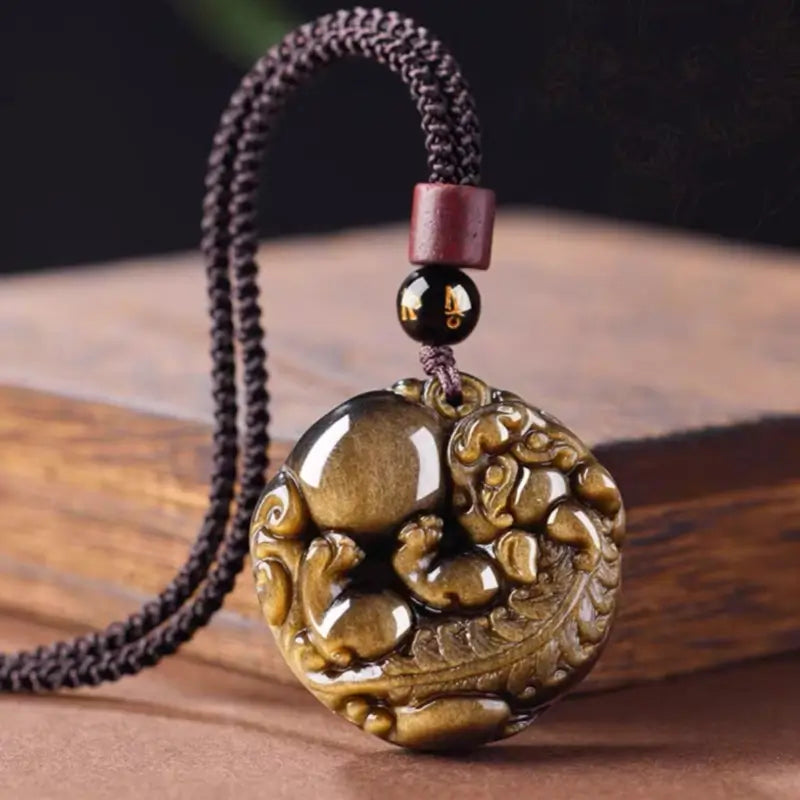 Natural Gold Obsidian Pixiu Pendant Necklace | Round Shape, Six-Syllable Mantra Bead, Adjustable Braided Cord-LuckyCharms.Shop