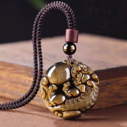 Natural Gold Obsidian Pixiu Pendant Necklace | Round Shape, Six-Syllable Mantra Bead, Adjustable Braided Cord-LuckyCharms.Shop