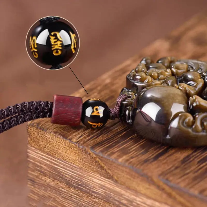 Natural Gold Obsidian Pixiu Pendant Necklace | Round Shape, Six-Syllable Mantra Bead, Adjustable Braided Cord-LuckyCharms.Shop