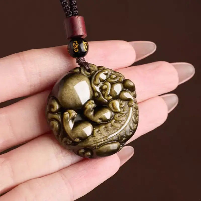 Natural Gold Obsidian Pixiu Pendant Necklace | Round Shape, Six-Syllable Mantra Bead, Adjustable Braided Cord-LuckyCharms.Shop