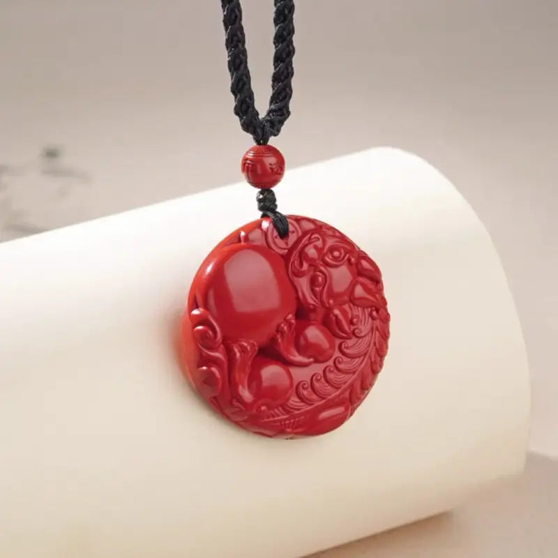 Potala Palace Blessed Cinnabar Pixiu Pendant Necklace | Adjustable Black Braided Cord-LuckyCharms.Shop