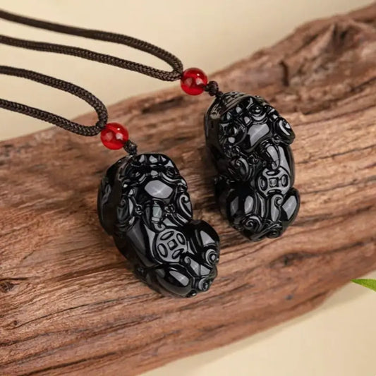 Mount Wutai Blessed Obsidian Pixiu Pendant Necklace | Adjustable Cord, Multiple Styles-LuckyCharms.Shop