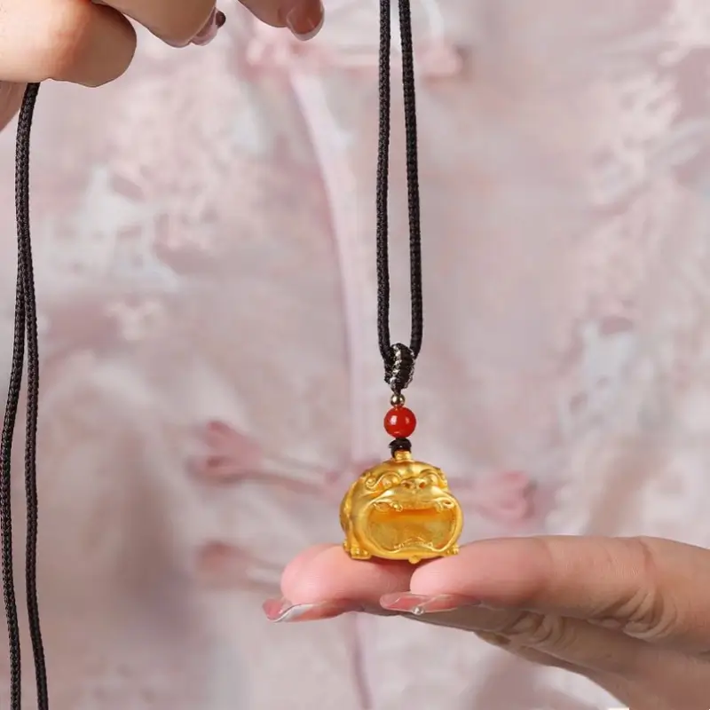 Solid Brass 24K Gold-Plated Big-Mouth Pixiu Pendant Necklace, Red Agate Beads & Adjustable Brown Braided Cord-LuckyCharms.Shop