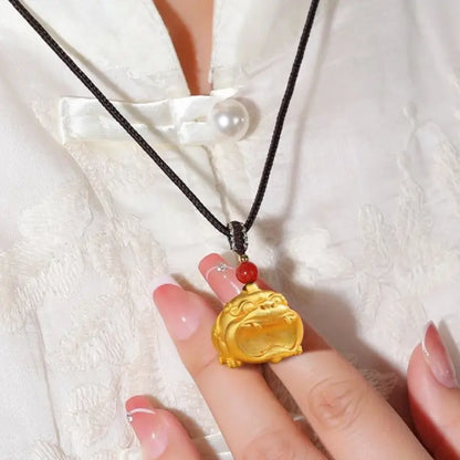 Solid Brass 24K Gold-Plated Big-Mouth Pixiu Pendant Necklace, Red Agate Beads & Adjustable Brown Braided Cord-LuckyCharms.Shop