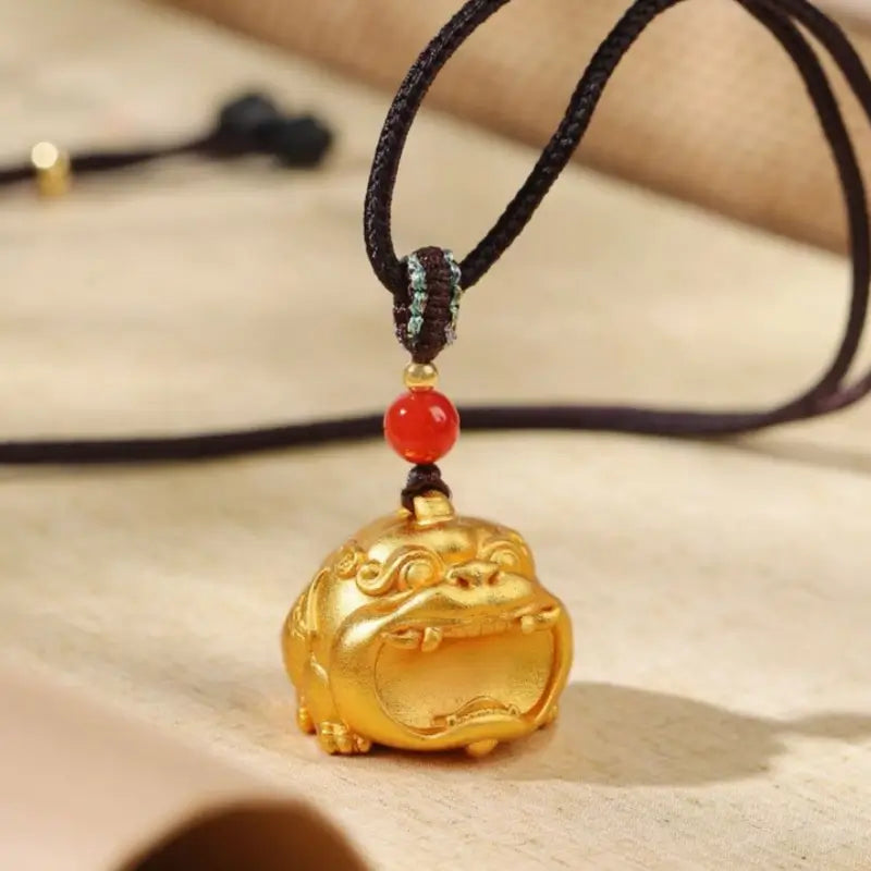 Solid Brass 24K Gold-Plated Big-Mouth Pixiu Pendant Necklace, Red Agate Beads & Adjustable Brown Braided Cord-LuckyCharms.Shop
