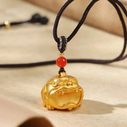 Solid Brass 24K Gold-Plated Big-Mouth Pixiu Pendant Necklace, Red Agate Beads & Adjustable Brown Braided Cord-LuckyCharms.Shop