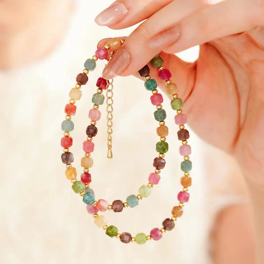 Natural Rainbow Tourmaline Sugar Cube Necklace & Bracelet Set