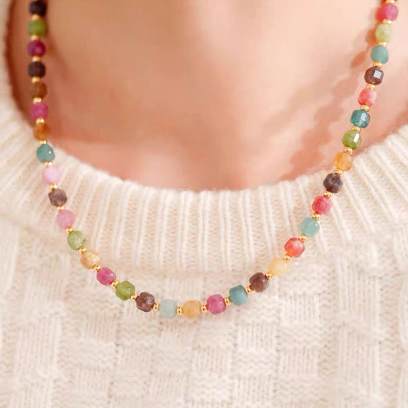 Conjunto de collar y pulsera de turmalina arcoíris natural en forma de cubo de azúcar