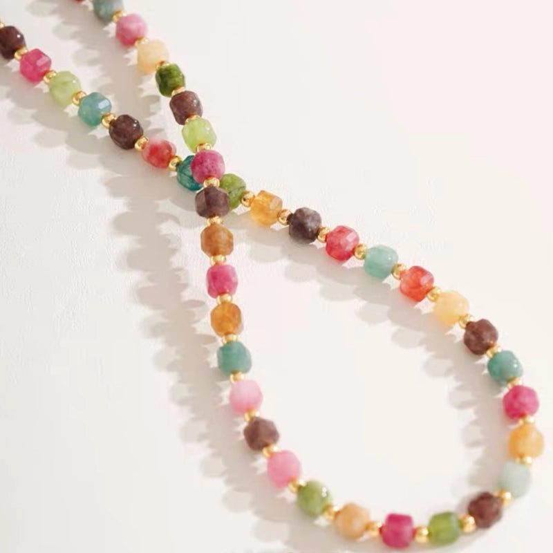 Conjunto de collar y pulsera de turmalina arcoíris natural en forma de cubo de azúcar