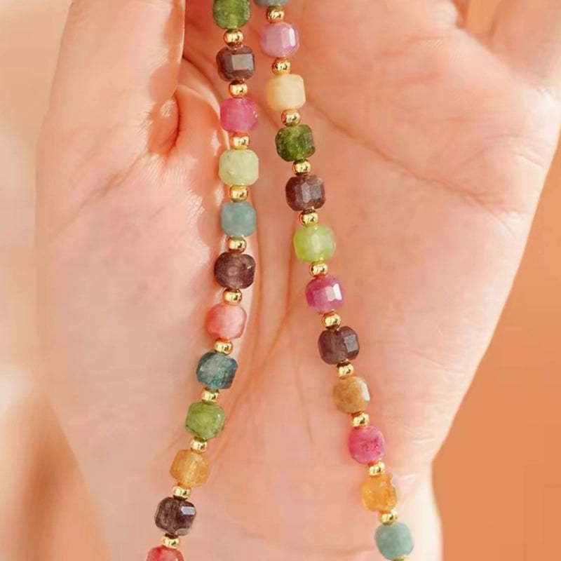 Conjunto de collar y pulsera de turmalina arcoíris natural en forma de cubo de azúcar