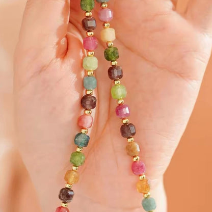 Conjunto de collar y pulsera de turmalina arcoíris natural en forma de cubo de azúcar