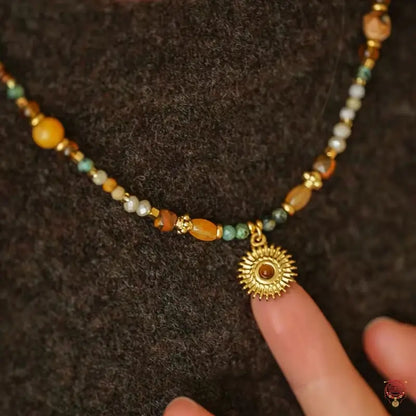 Natural Mixed Gemstone Sun Pendant Layered Necklace