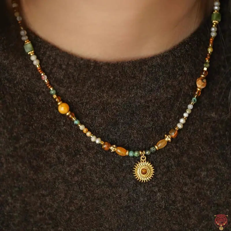 Natural Mixed Gemstone Sun Pendant Layered Necklace