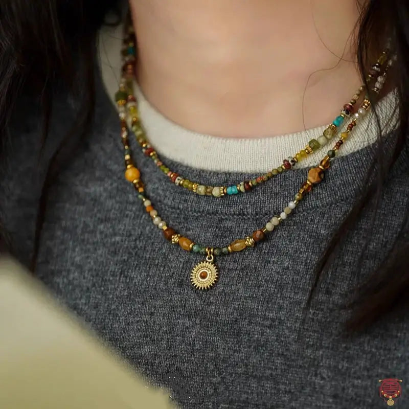 Natural Mixed Gemstone Sun Pendant Layered Necklace