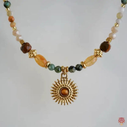 Natural Mixed Gemstone Sun Pendant Layered Necklace