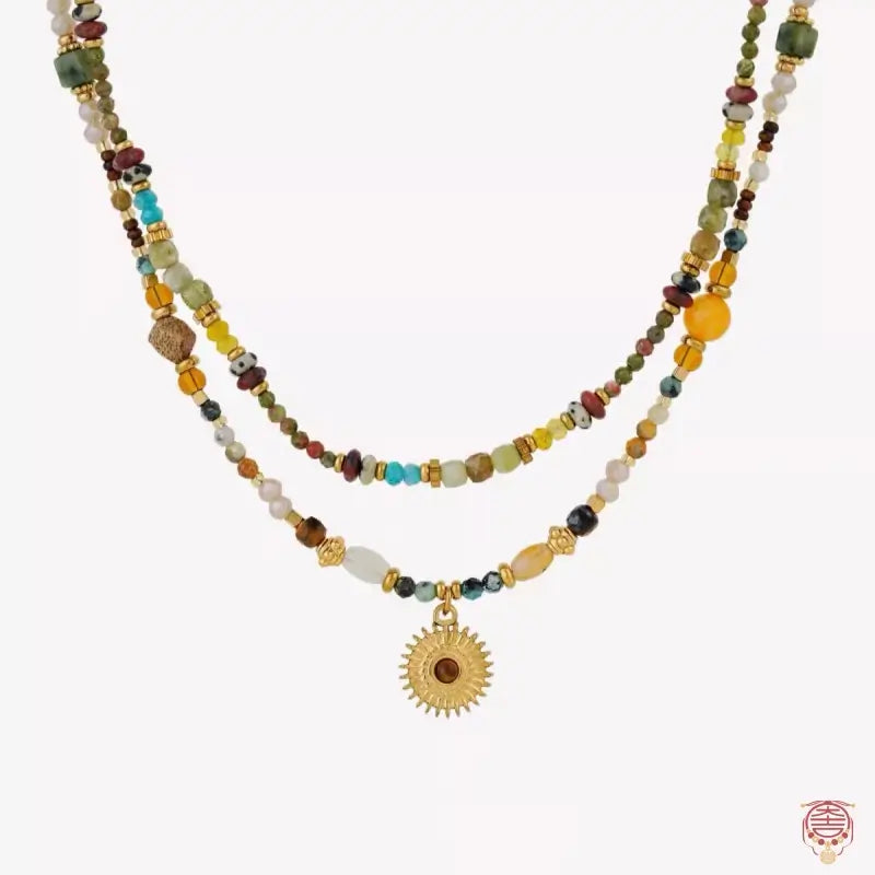 Natural Mixed Gemstone Sun Pendant Layered Necklace