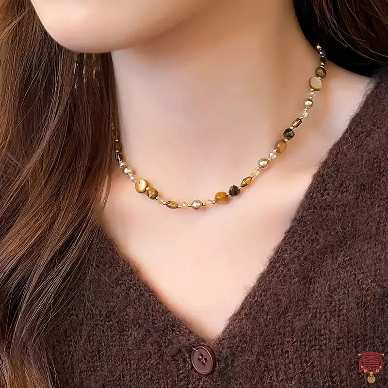 Irregular Natural Tiger’s Eye Bead Necklace | Adjustable Warm Earth-Tone Choker