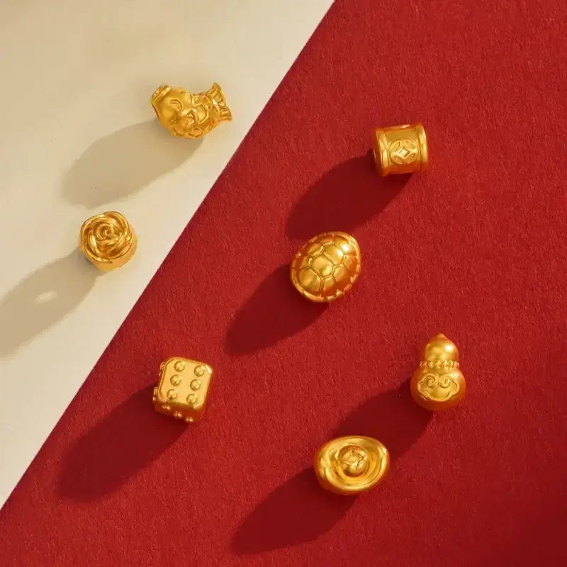 純金5Dハードゴールド ルルトンビーズ | 7つの幸運のスタイル、マットゴールドレリーフ、DIYジュエリーアクセサリー、0.8-0.11g