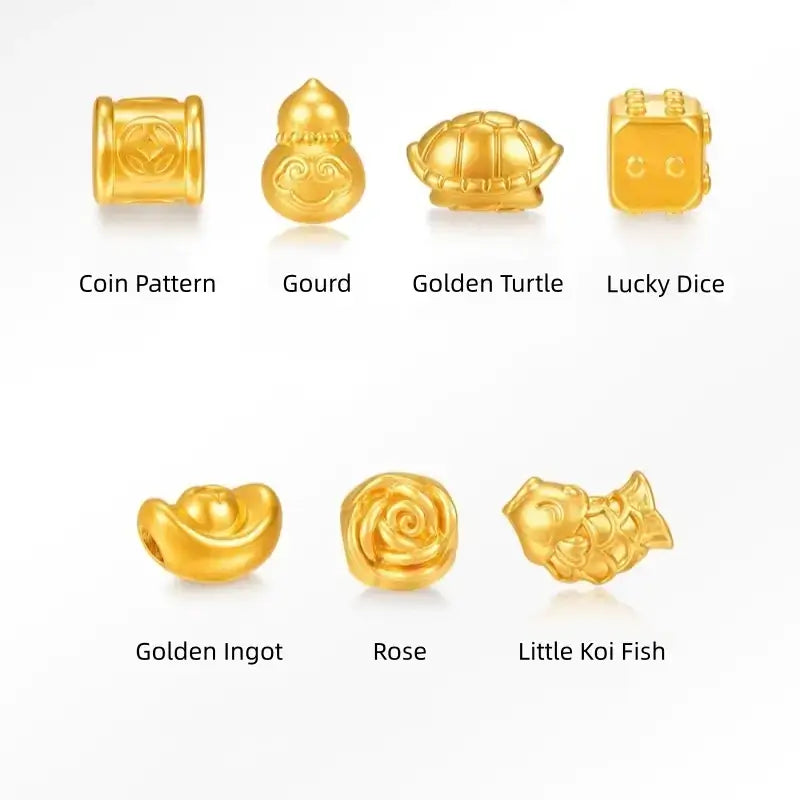 純金5Dハードゴールド ルルトンビーズ | 7つの幸運のスタイル、マットゴールドレリーフ、DIYジュエリーアクセサリー、0.8-0.11g