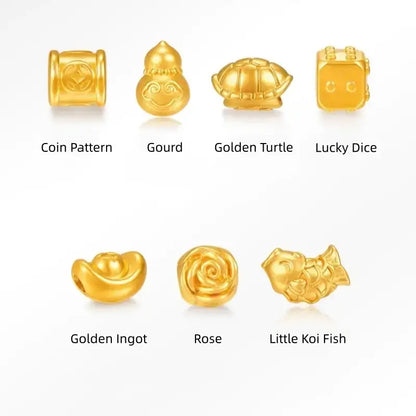 純金5Dハードゴールド ルルトンビーズ | 7つの幸運のスタイル、マットゴールドレリーフ、DIYジュエリーアクセサリー、0.8-0.11g