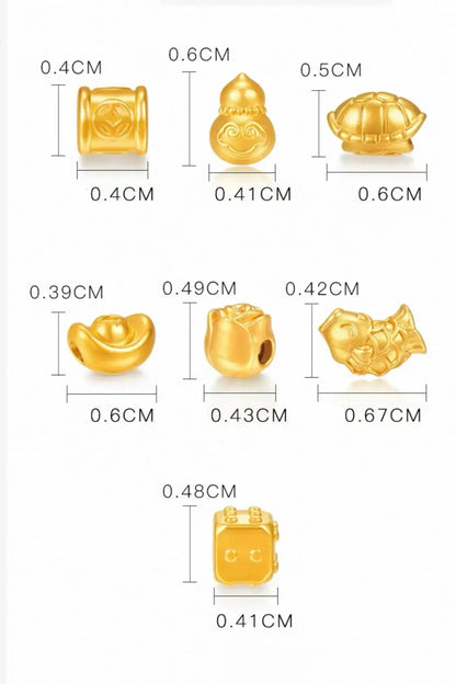 純金5Dハードゴールド ルルトンビーズ | 7つの幸運のスタイル、マットゴールドレリーフ、DIYジュエリーアクセサリー、0.8-0.11g