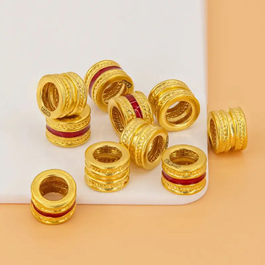 999 Pure Gold 5D Hard Gold Lu Lu Tong Bead | Red Enamel Inlay, 3.8mm Hole, DIY Lucky Jewelry Accessory