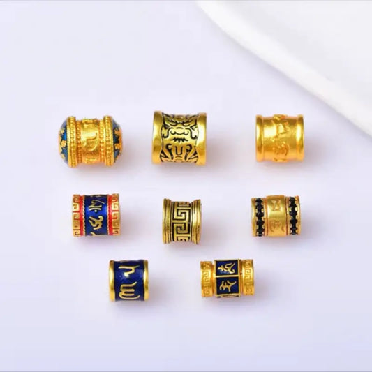 銅メッキ18Kゴールド六音節マントラ盧盧通ビーズ｜DIYハンドメイドアクセサリー、エナメルインレイ