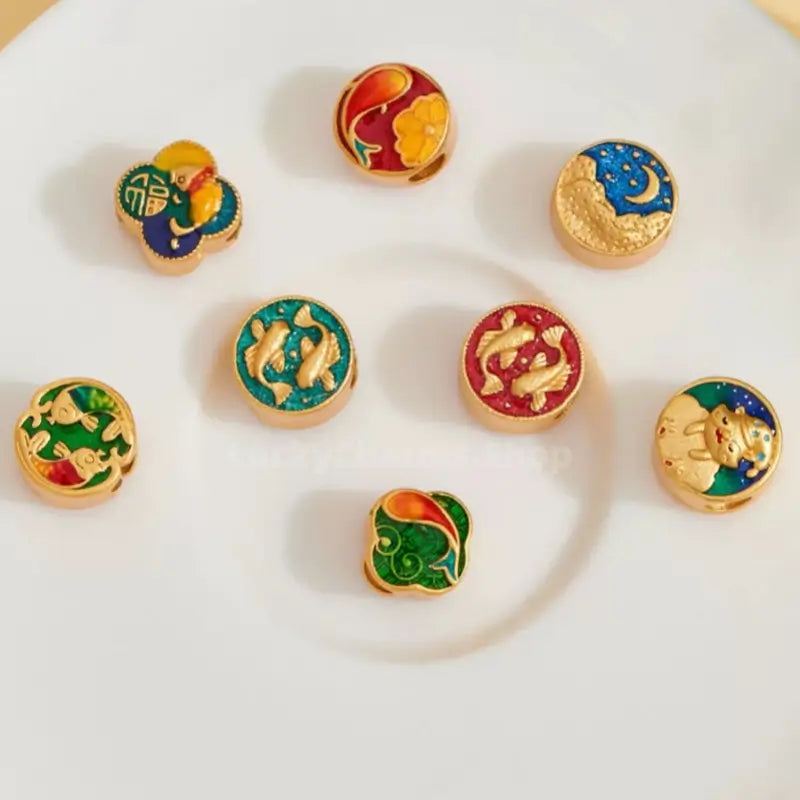 Gold-Plated Round Flat Beads with Lucky Fish Motif - DIY Friendly Bracelet Accessories-LuckyCharms.Shop