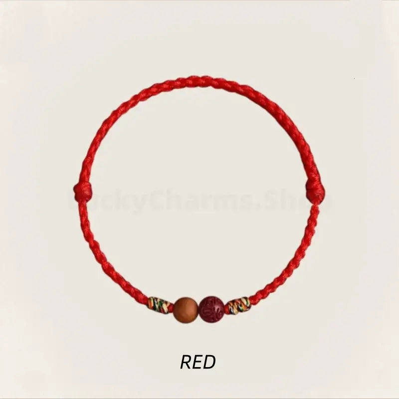 Mount Putuo Blessing Natural Cinnabar & Peach Wood Fortune-Turning Bead Lucky Charm Braided Bracelet-LuckyCharms.Shop