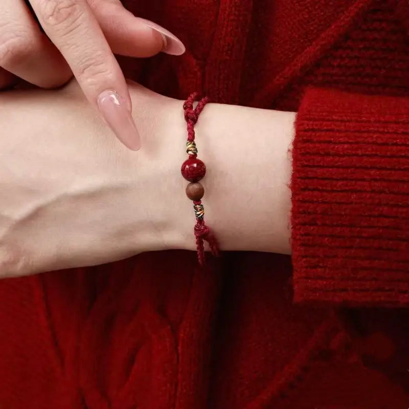 Mount Putuo Blessing Natural Cinnabar & Peach Wood Fortune-Turning Bead Lucky Charm Braided Bracelet-LuckyCharms.Shop
