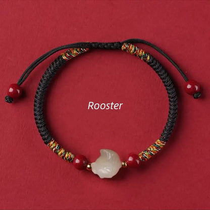 Mount Putuo Blessed Chinese Zodiac Hetian Jade & Cinnabar Fortune-Turning Bead Braided Bracelet-LuckyCharms.Shop