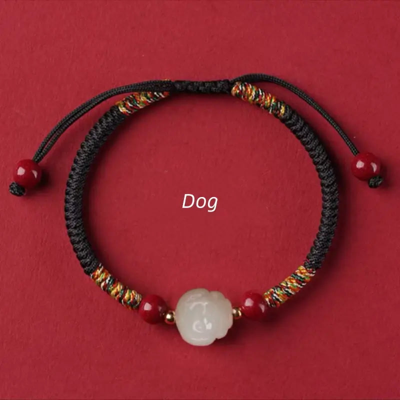 Mount Putuo Blessed Chinese Zodiac Hetian Jade & Cinnabar Fortune-Turning Bead Braided Bracelet-LuckyCharms.Shop