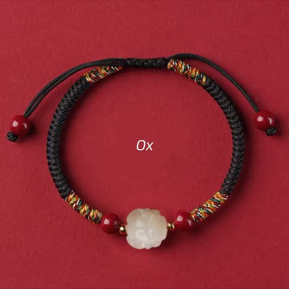 Mount Putuo Blessed Chinese Zodiac Hetian Jade & Cinnabar Fortune-Turning Bead Braided Bracelet-LuckyCharms.Shop