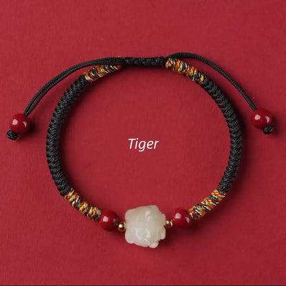 Mount Putuo Blessed Chinese Zodiac Hetian Jade & Cinnabar Fortune-Turning Bead Braided Bracelet-LuckyCharms.Shop
