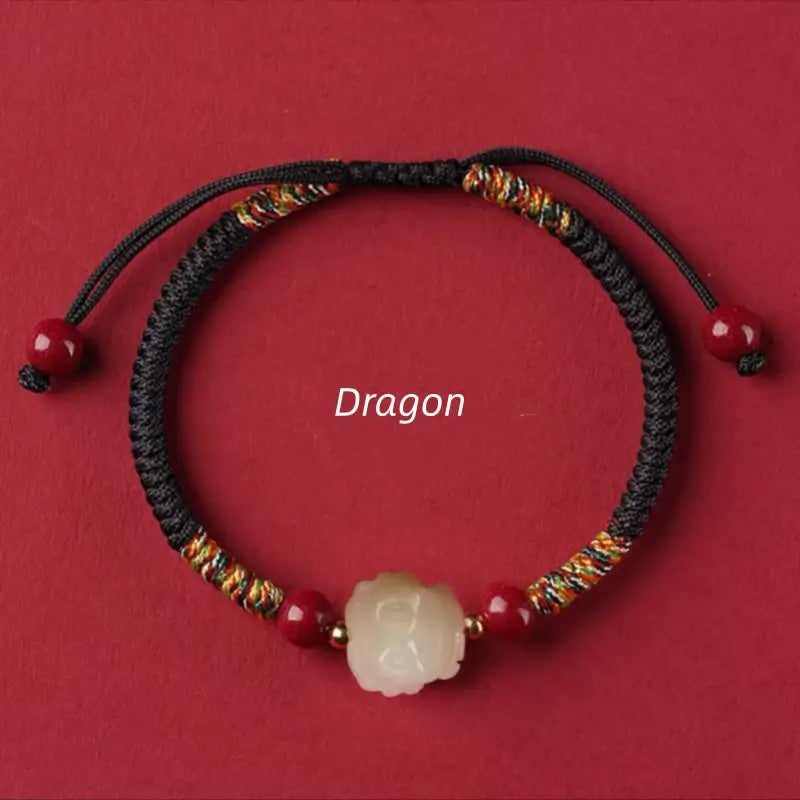 Mount Putuo Blessed Chinese Zodiac Hetian Jade & Cinnabar Fortune-Turning Bead Braided Bracelet-LuckyCharms.Shop