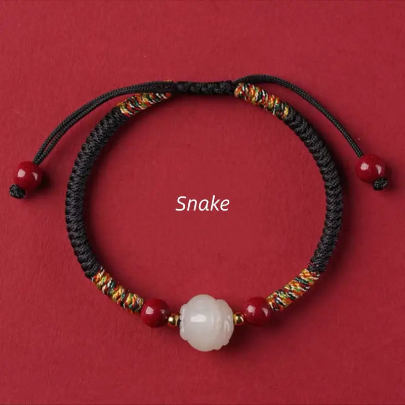 Mount Putuo Blessed Chinese Zodiac Hetian Jade & Cinnabar Fortune-Turning Bead Braided Bracelet-LuckyCharms.Shop