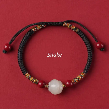 Mount Putuo Blessed Chinese Zodiac Hetian Jade & Cinnabar Fortune-Turning Bead Braided Bracelet-LuckyCharms.Shop