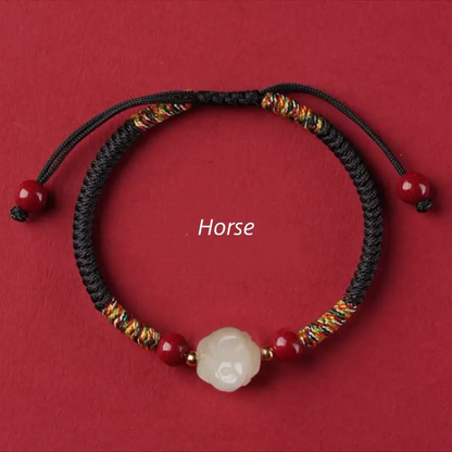 Mount Putuo Blessed Chinese Zodiac Hetian Jade & Cinnabar Fortune-Turning Bead Braided Bracelet-LuckyCharms.Shop