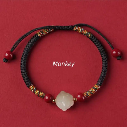 Mount Putuo Blessed Chinese Zodiac Hetian Jade & Cinnabar Fortune-Turning Bead Braided Bracelet-LuckyCharms.Shop