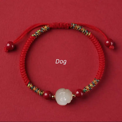 Mount Putuo Blessed Chinese Zodiac Hetian Jade & Cinnabar Fortune-Turning Bead Braided Bracelet-LuckyCharms.Shop