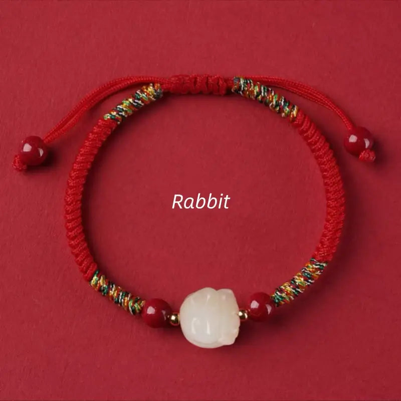 Mount Putuo Blessed Chinese Zodiac Hetian Jade & Cinnabar Fortune-Turning Bead Braided Bracelet-LuckyCharms.Shop