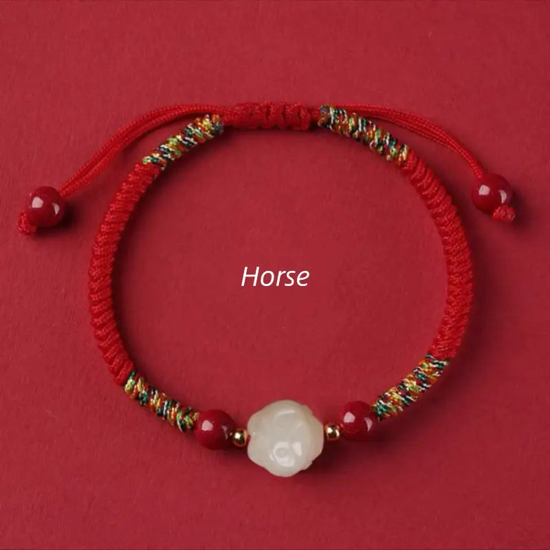 Mount Putuo Blessed Chinese Zodiac Hetian Jade & Cinnabar Fortune-Turning Bead Braided Bracelet-LuckyCharms.Shop
