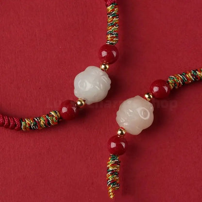 Mount Putuo Blessed Chinese Zodiac Hetian Jade & Cinnabar Fortune-Turning Bead Braided Bracelet-LuckyCharms.Shop