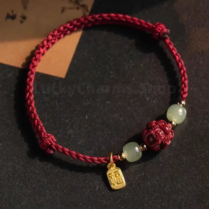 Chinese Zodiac Cinnabar & Hetian Jade Fortune-Turning Bead Braided Bracelet-LuckyCharms.Shop