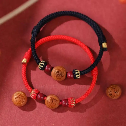 Chinese Zodiac Walnut & Cinnabar Fortune-Turning Bead Guardian Braided Bracelet-LuckyCharms.Shop