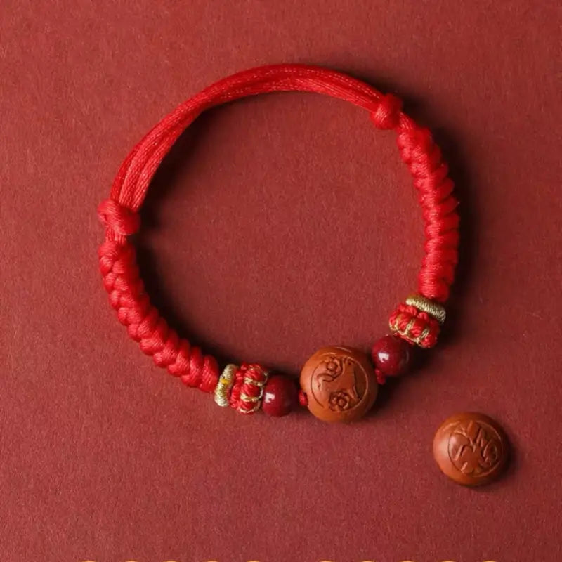 Chinese Zodiac Walnut & Cinnabar Fortune-Turning Bead Guardian Braided Bracelet-LuckyCharms.Shop