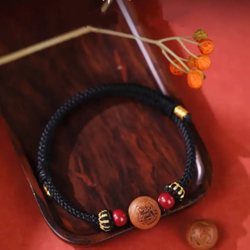 Chinese Zodiac Walnut & Cinnabar Fortune-Turning Bead Guardian Braided Bracelet-LuckyCharms.Shop
